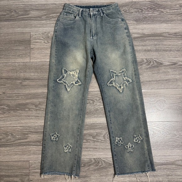 ROMWE Denim - ROMWE Women's Blue Distressed Star Patch Wide Leg Skater Jeans Size M Frayed Y2K